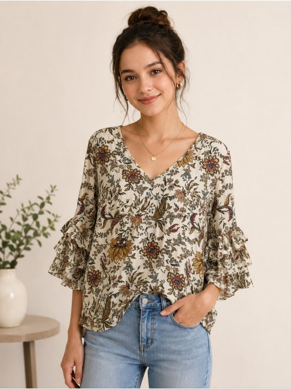 Solitaire XL Floral Boho Blouse Tiered Bell Sleeve Peasant Top Cottagecore